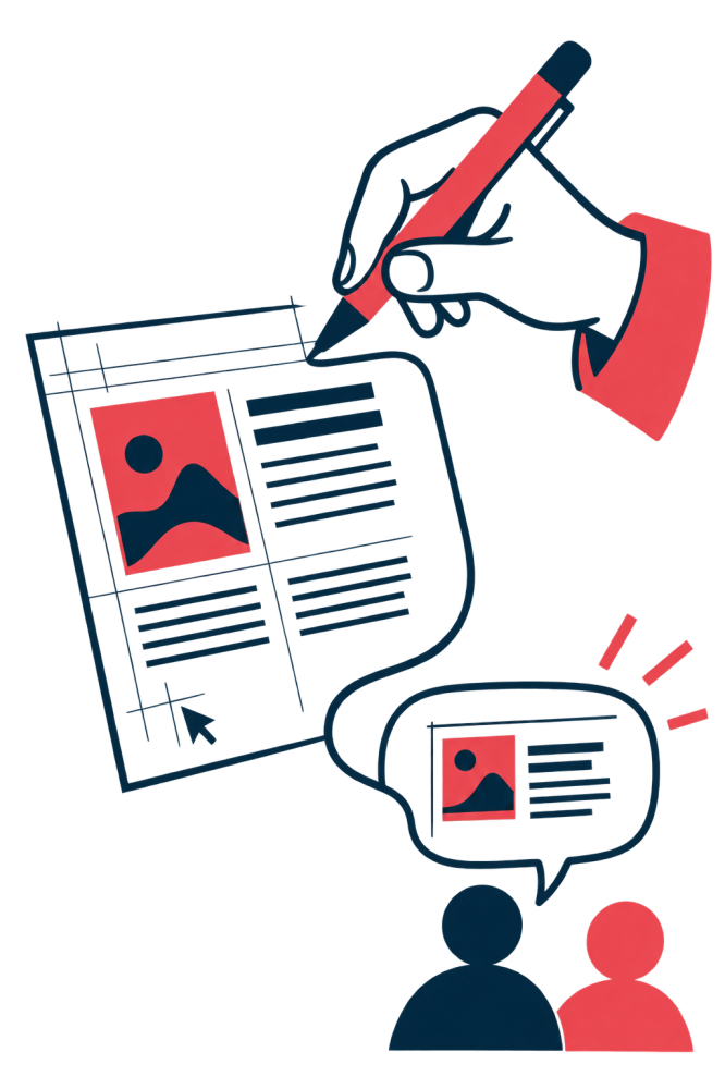 Kreslená postava pracující s typografií a vizuálními prvky