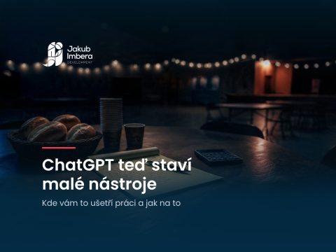 Stůl v komunitním sále s pečivem, kelímky, blokem se seznamem a kalkulačkou, nadpis ChatGPT teď staví malé nástroje