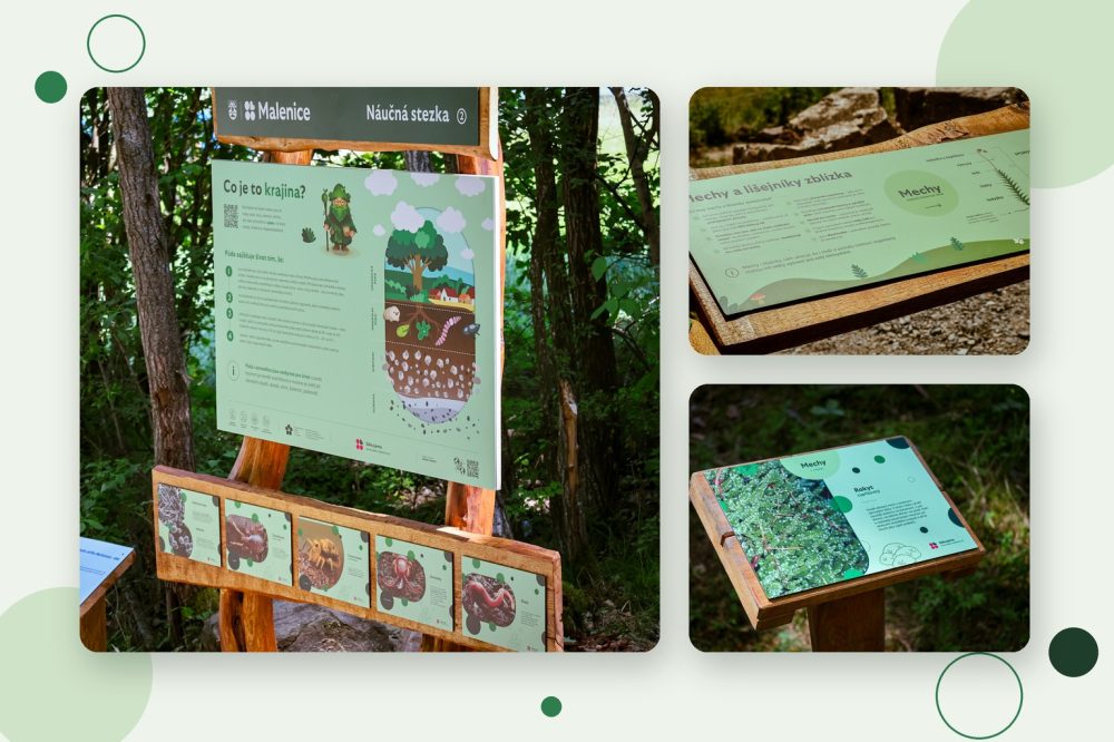Mockup naučných tabulí Lišejníkové stezky skřítka Mechovouse v Malenicích